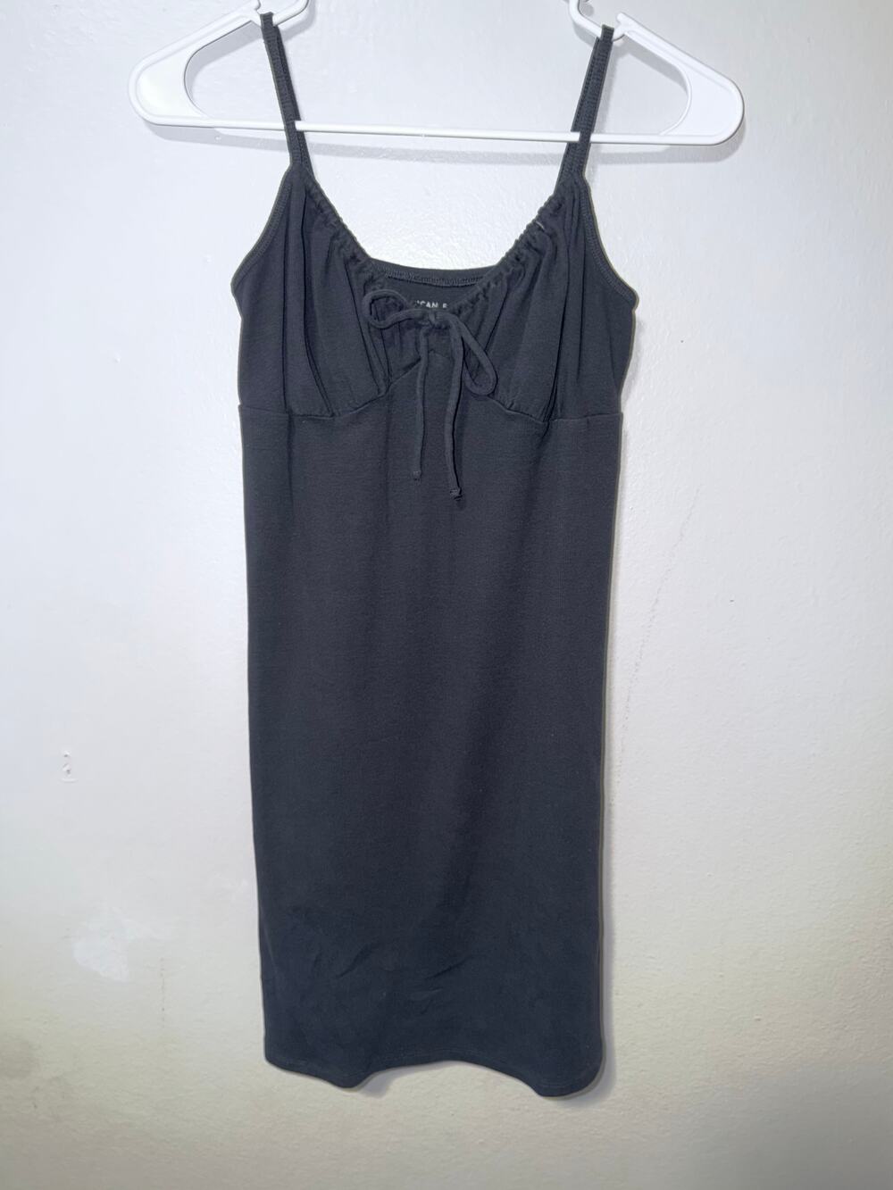 American Eagle Charcoal Ribbed Midi Dress Ruched Bust Tie Front Spaghetti Straps